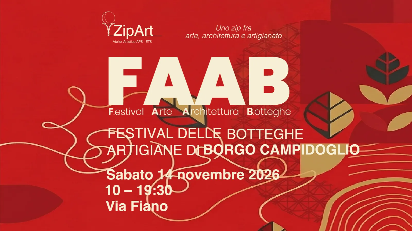 Locandina di FAAB, Festival Arte Architettura Botteghe: sabato 14 novembre 2026, ore 10–19:30, Via Fiano, Borgo Campidoglio, Torino